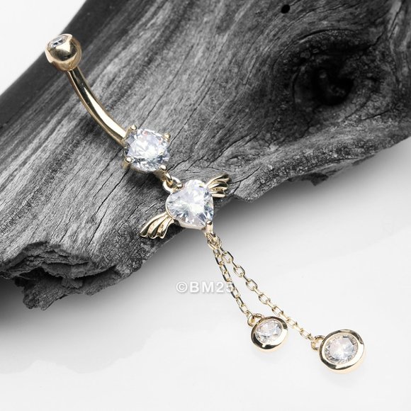 14 Karat Gold Angel Wing Heart Sparkle Dangle Belly Button Ring - Picture 1 of 2